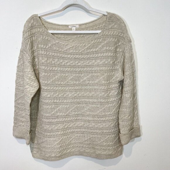 Caslon Sweater M Wool Blend Cable Open Knit Beige Boat Neck Pullover Size Medium - Picture 4 of 10